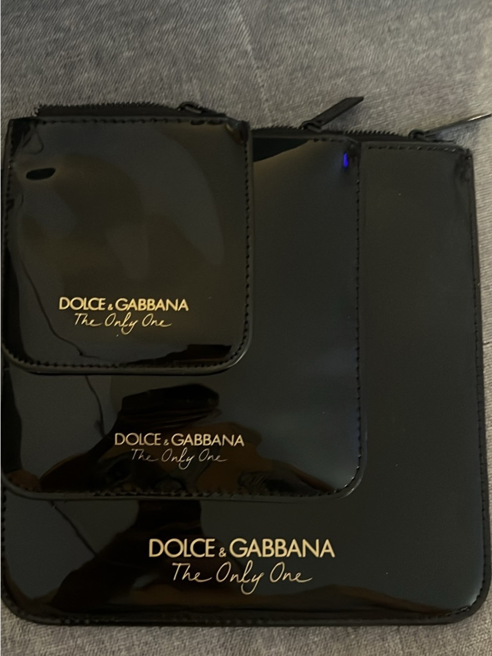 Dolce & Gabbana Black Patent Trio Pouch Set with Gold Logo